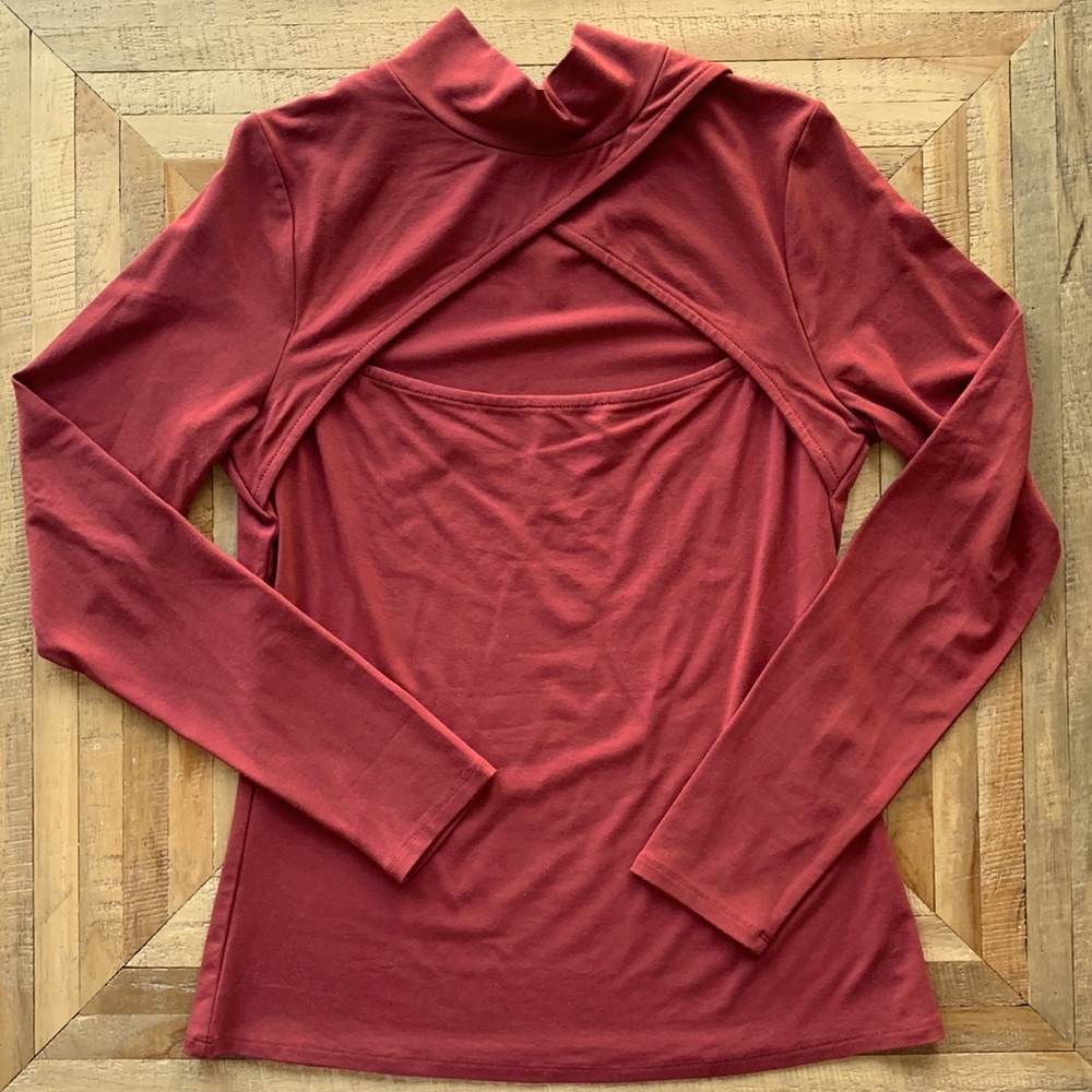 Long Sleeve Cut Out Mock Neck Top